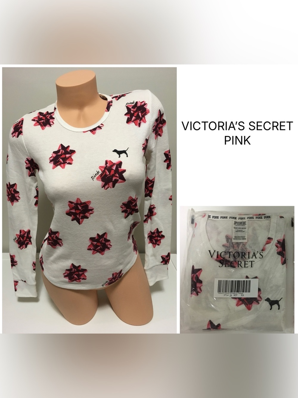 VICTORIA’S SECRET PINK - XS - NWT - HOLIDAY BOW COZY WAFFLE SLEEP SHIRT